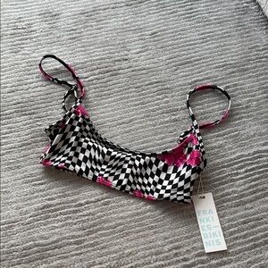 Frankie's Bikinis Black and Pink Floral Checkered Top